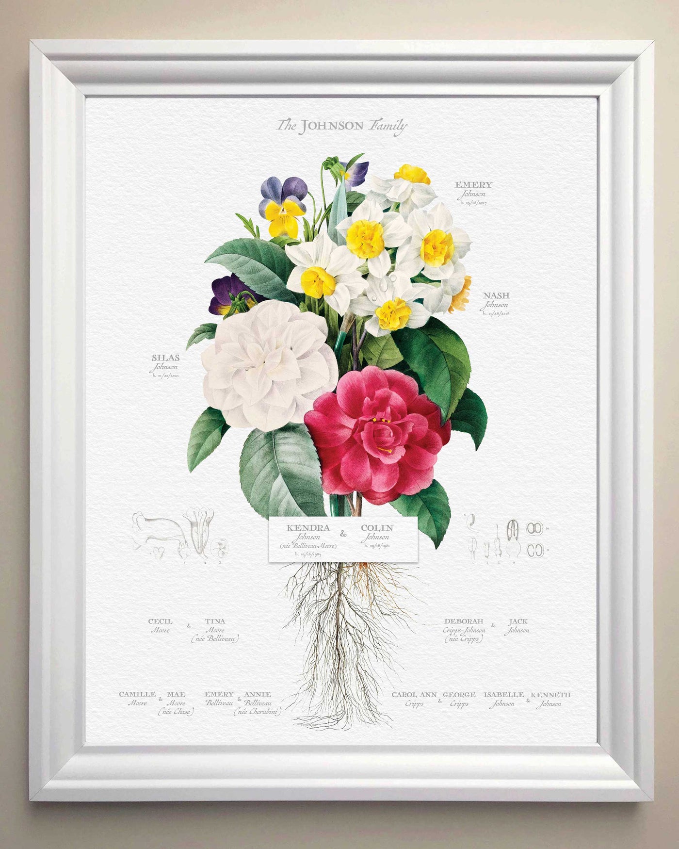 Daffodil and Pansy in the Thick White Frame Family Tree design