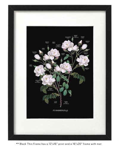 Vintage White Rose Family Botanic Family Tree in Thin Black Frame