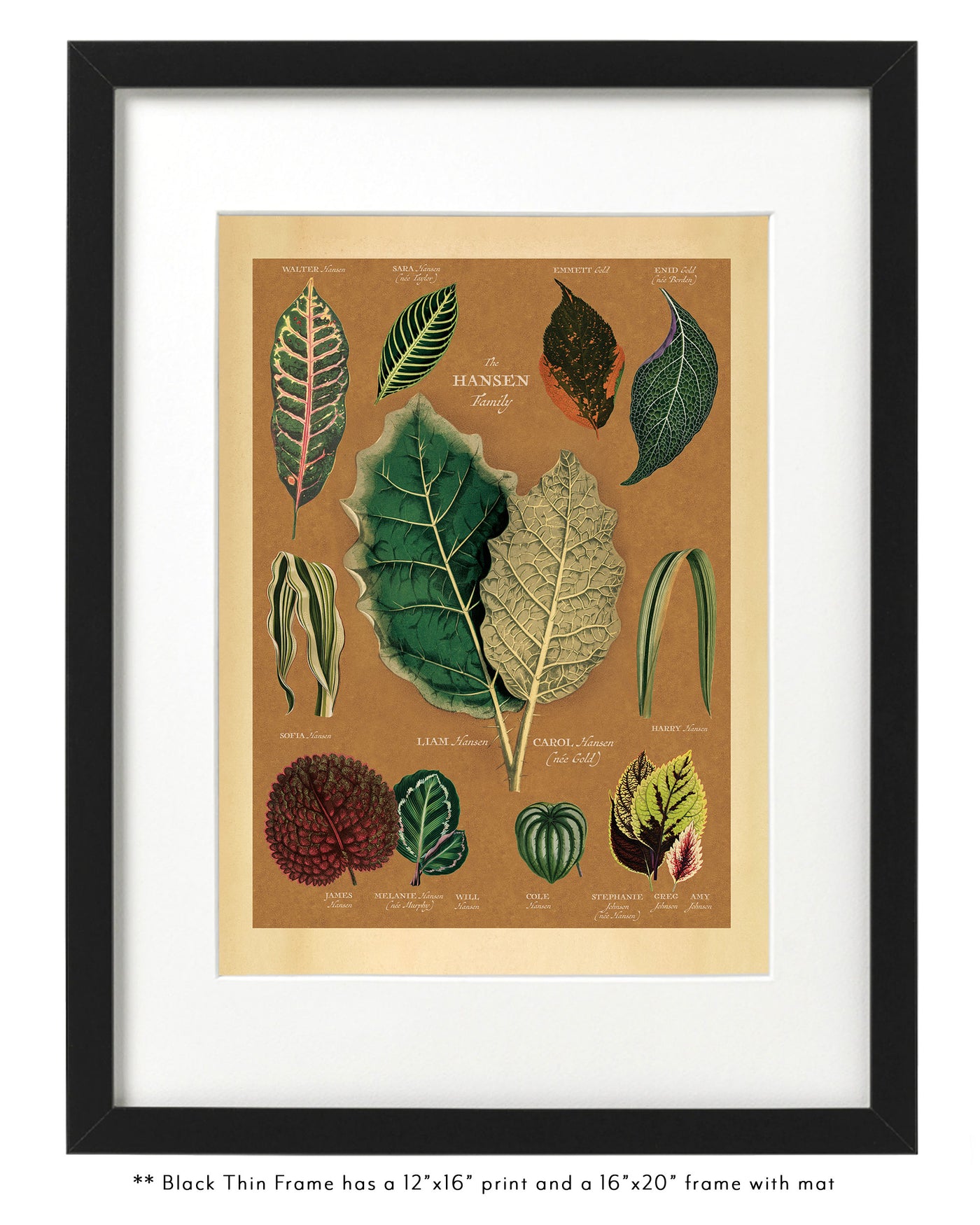 Vintage Leaves Family Botanic Family Tree in Thin Black Frame