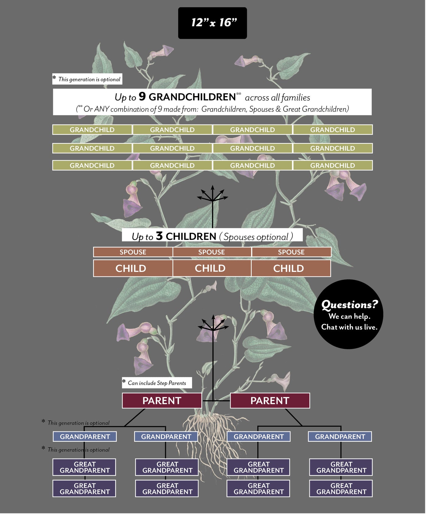 Size Chart Virginia Snakeroot on Black Family Botanic Family Tree 12 x 16 print size