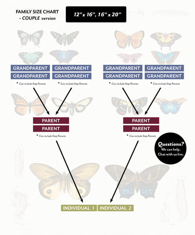 Family Size Chart for Ancestor Butterfly Couple 12 x 16 and 16 x 20 size