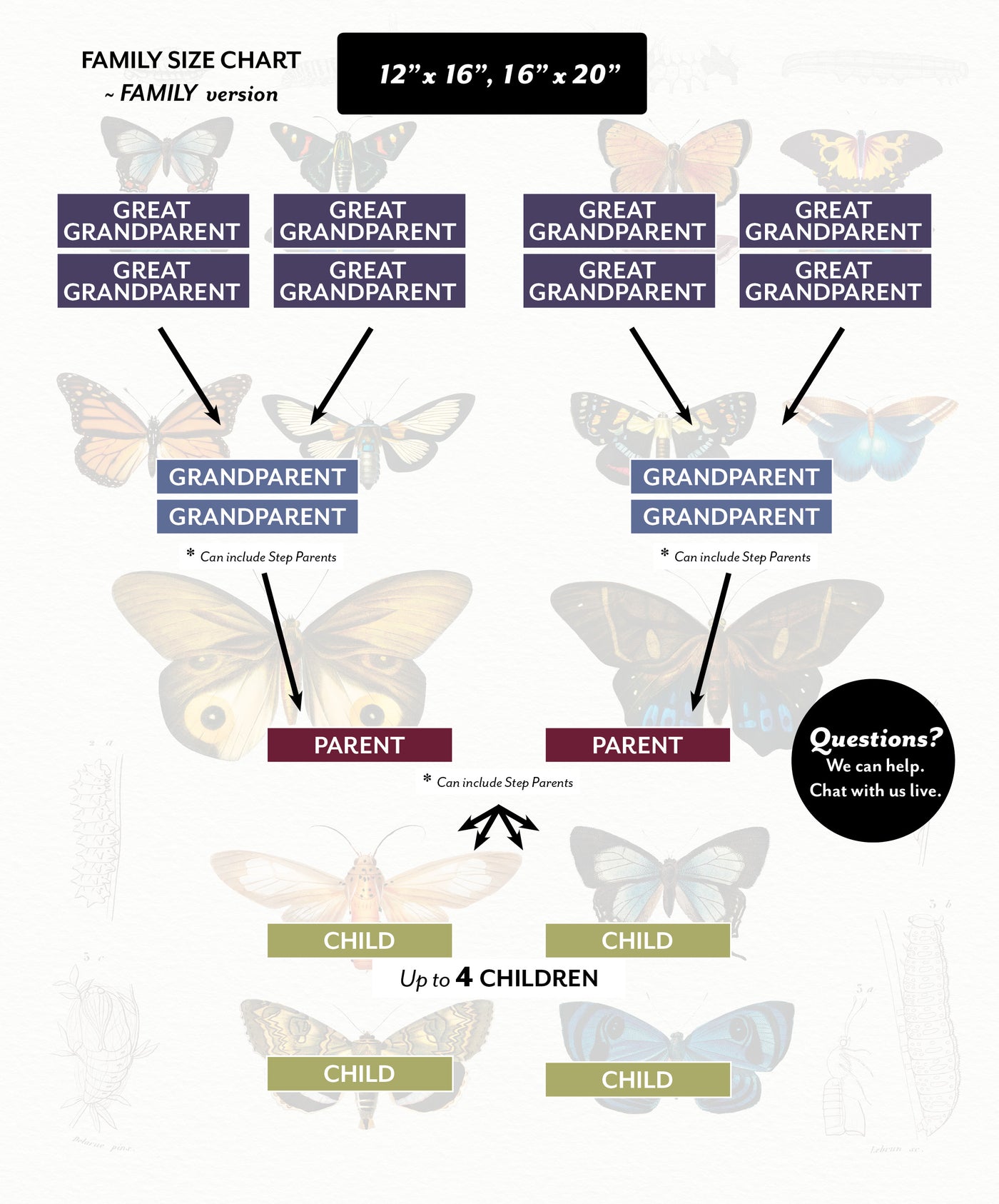Family Size Chart for Ancestor Butterfly Siblings 12 x 16 and 16 x 20 size