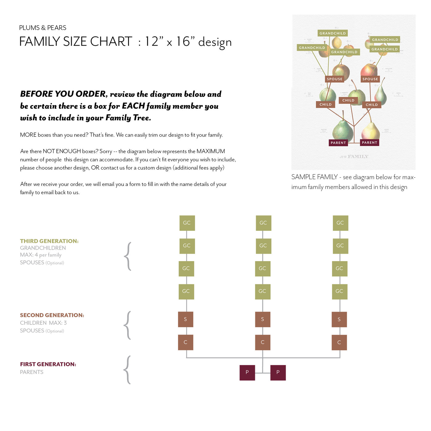 Family Size chart  12 x16 print size VINTAGE PEAR & PLUM FAMILY BOTANIC 