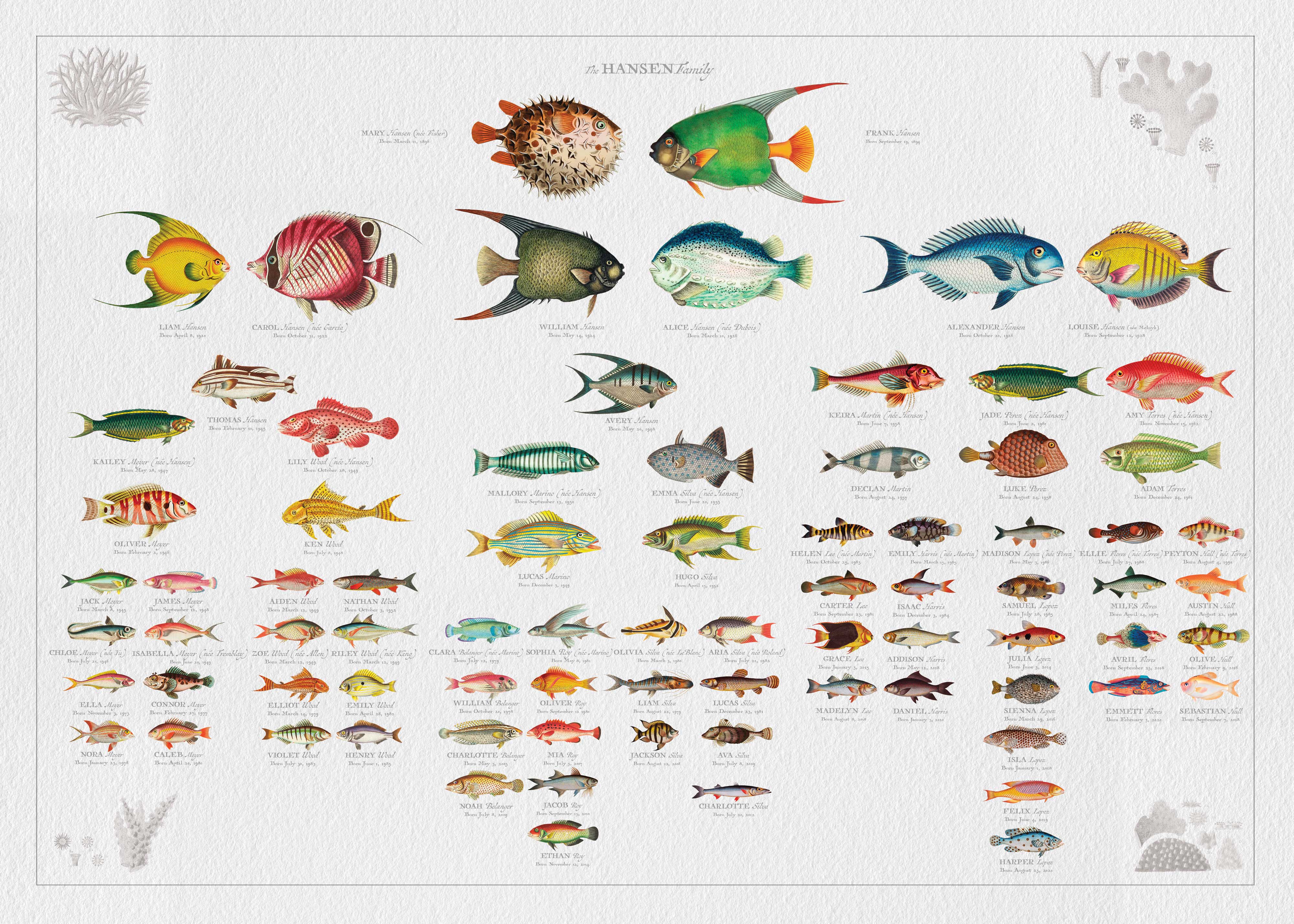 Large Fish Family Botanic - Custom & Framed Family Tree Wall Art