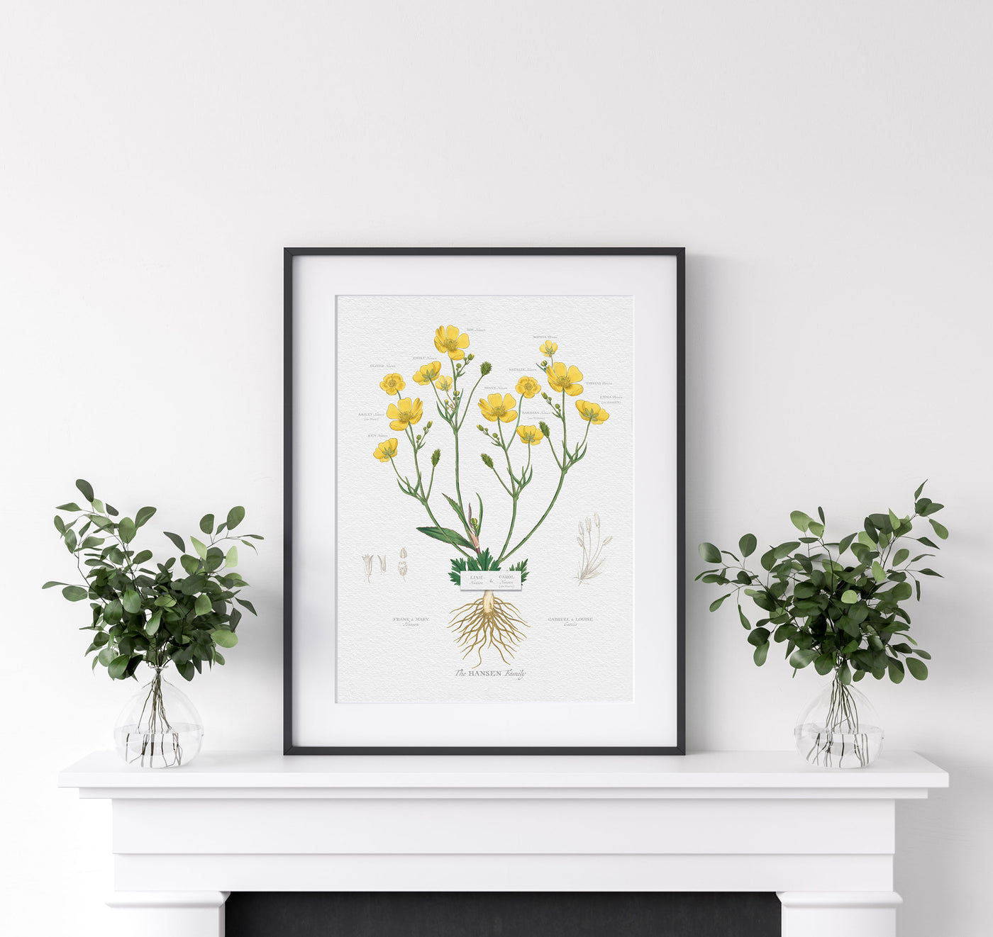 Buttercup Family Botanic in Thin Black Frame Lifestyle on Mantle