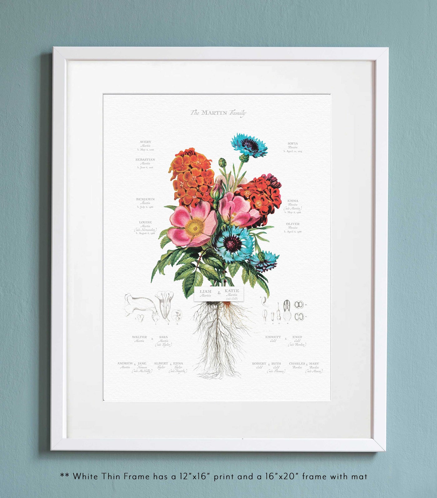 Dog Rose Bouquet Family Tree by Family Botanic in a thin white frame