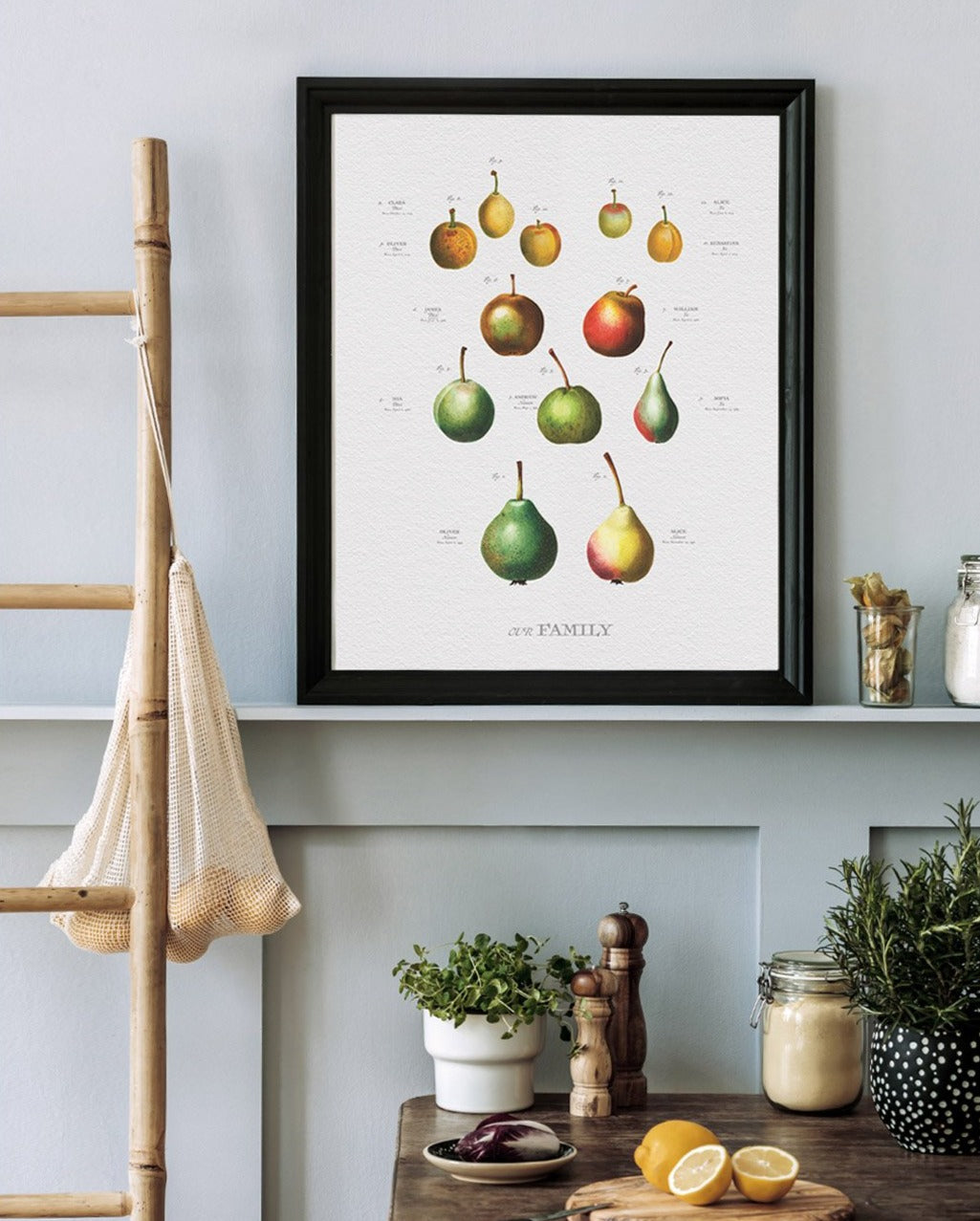 Vintage Pear & Plum Family Botanic Custom Family Tree Lifestyle image in kitchen